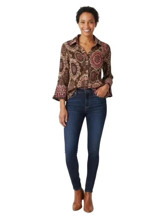 Signature By Larry Levine Crinkle Ruched 3/4 Bell Sleeve Vintage Blouse Sz Large - Picture 1 of 15